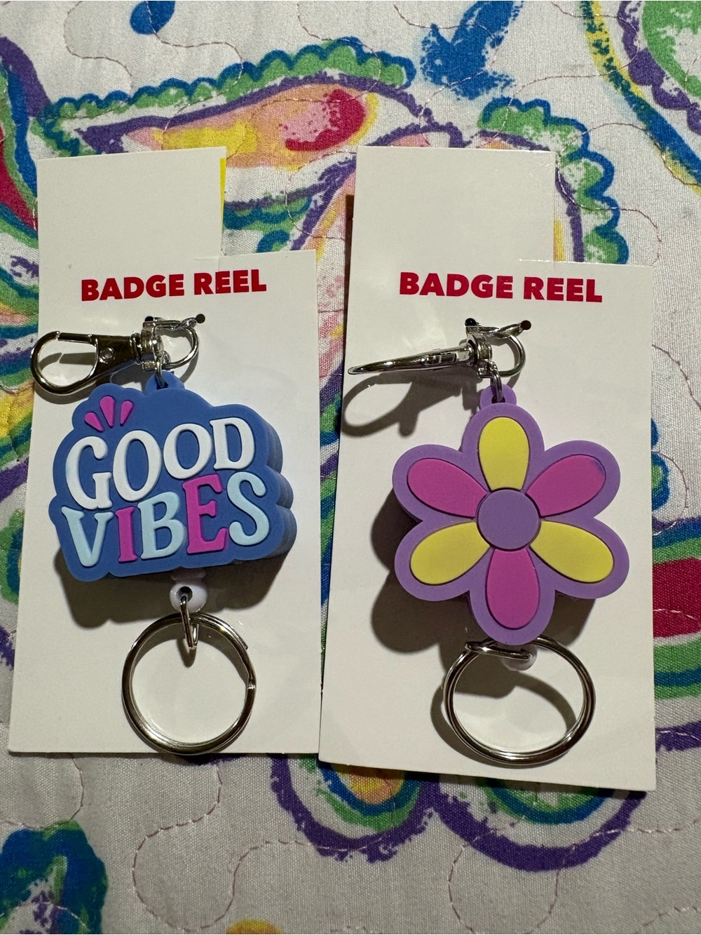 Good Vibes & Flower Keychain Badge Reels - Purple & Yellow